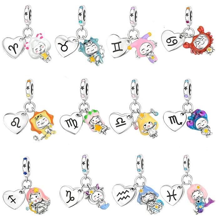 Copper 12 Months Birthstone Heart-Shaped Beads Charms Fit Original Bracelet Charm Beads Necklace Diy Female Jewelry