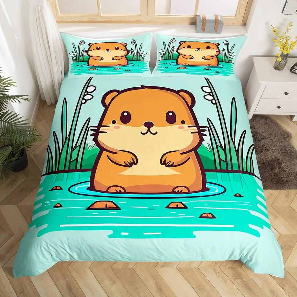 Cute Capybara Print Bedding Sets Full Kawaii Honey Bee Comforter Cover,Cartoon Animals Bed Set Red Love Heart Print Duvet Cover