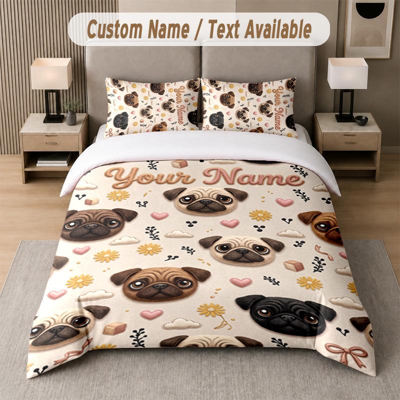 Pug Theme Custom Text Or Name 3Pcs Bedding Set 1 Flat Sheet & 2 Pillowcases Personalized Home Bedding