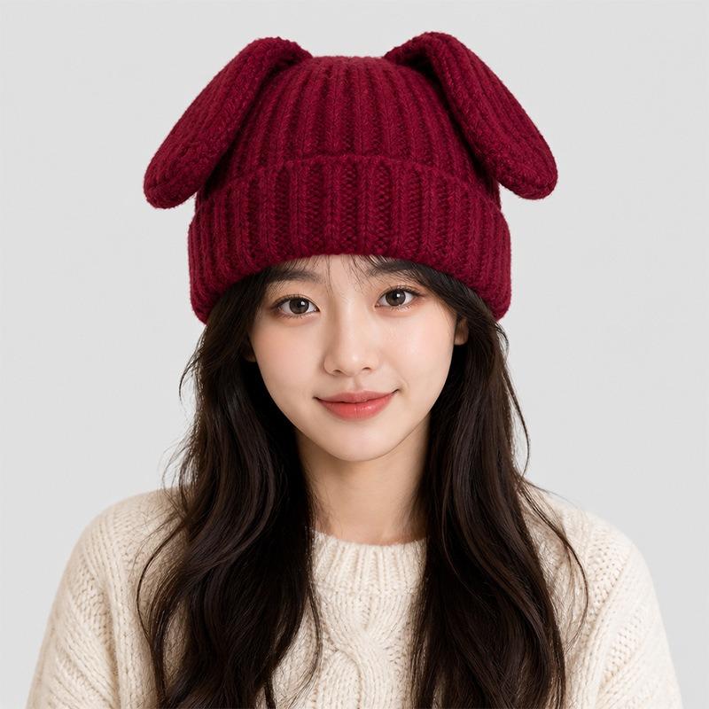 Female autumn and winter Japanese cute big ears funny knitted hat warm personality versatile face small wool hat tide