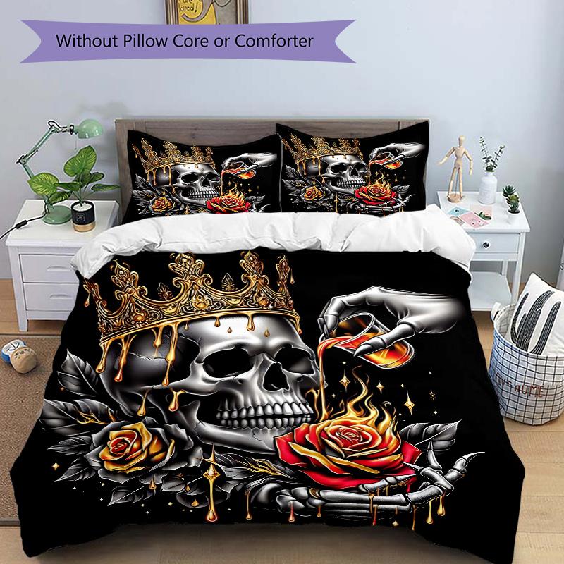 

3pcs Golden Crowned Skull with Roses Quilt Cover Set - Soft and Cozy Bedroom, Guest Room and Dorm Decorative Bedding 135x200cm