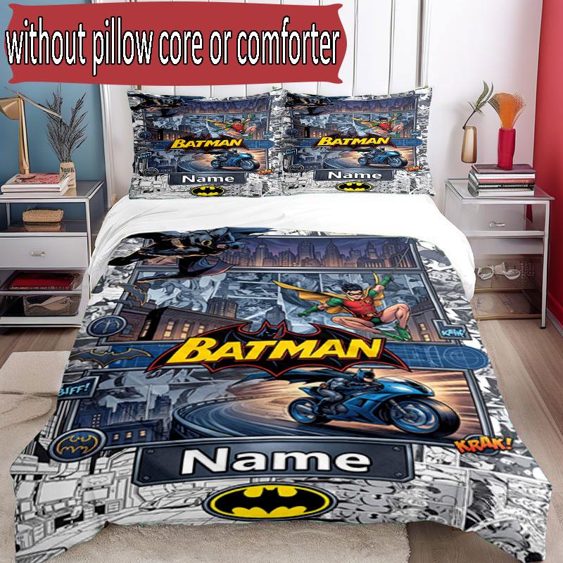 3pcs Duvet Cover Set (1*Duvet Cover + 2*Pillowcase, Without Core), Custom Name Batman Pattern Bedding Set, Home Bedroom Decor Gift