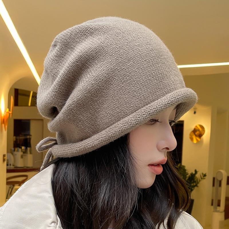 Pullover Hat Girls Drawstring Curling Lazy Wind Stacking Hat Baotou Hat Men's Solid Color Knitted Hat