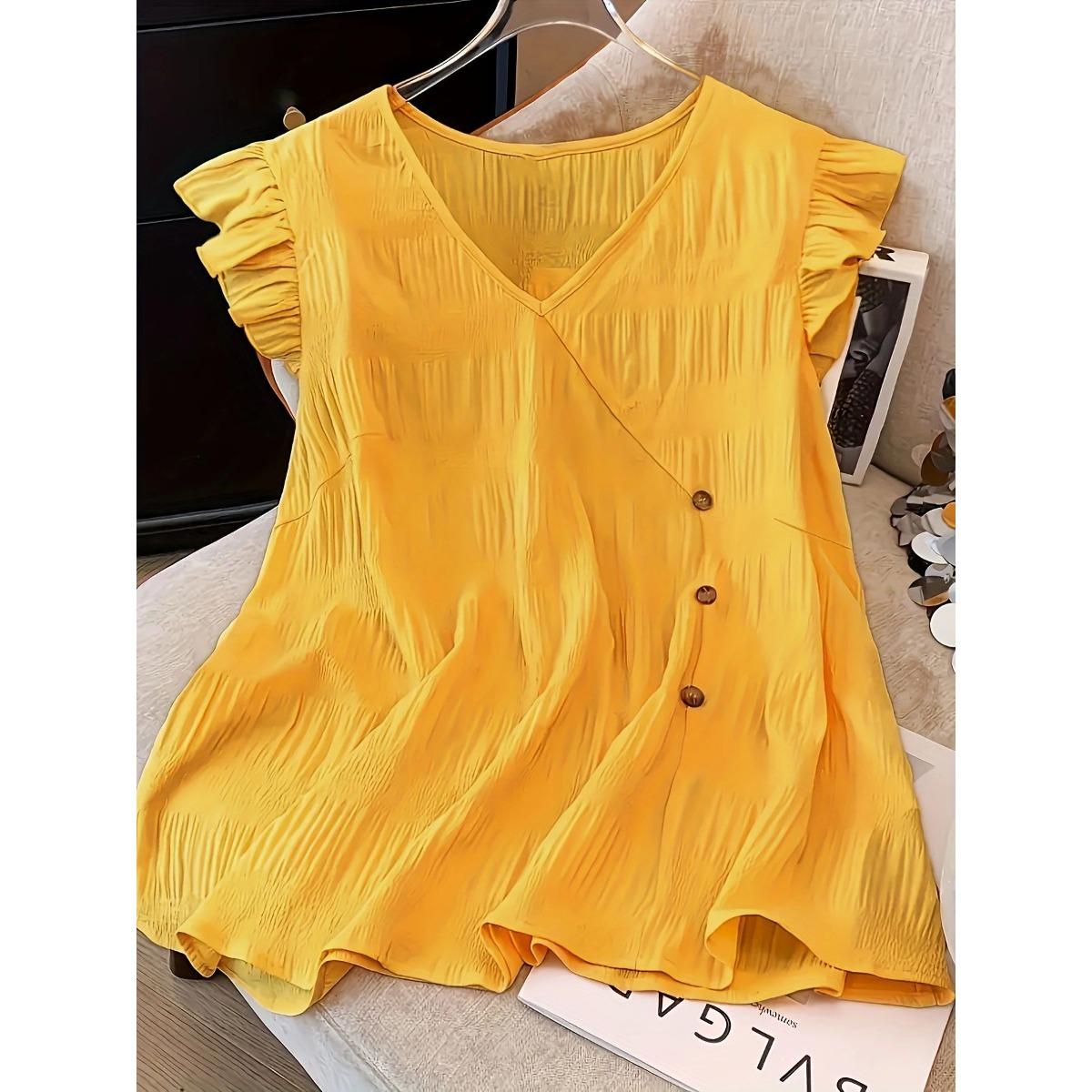Women s V Neck Sleeveless Ruffle Sleeve Top Regular Fit Elegant Solid Color Blouse S жёлтый