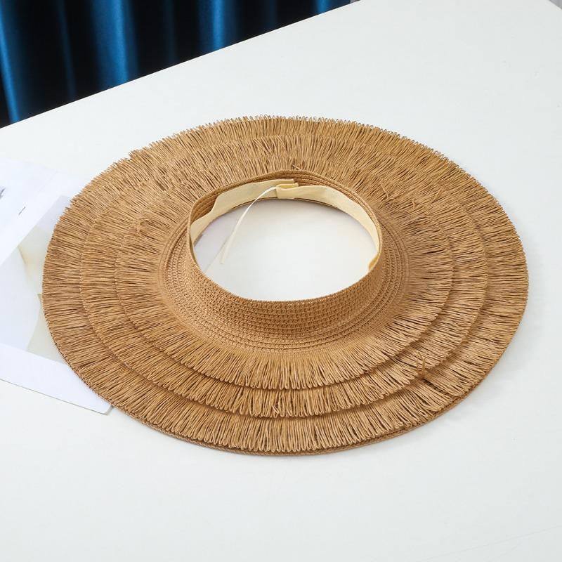 

Summer fringed straw hat hand-woven men s and women s empty top hats pastoral rough edge big eaves hat sunshade cool hat tide