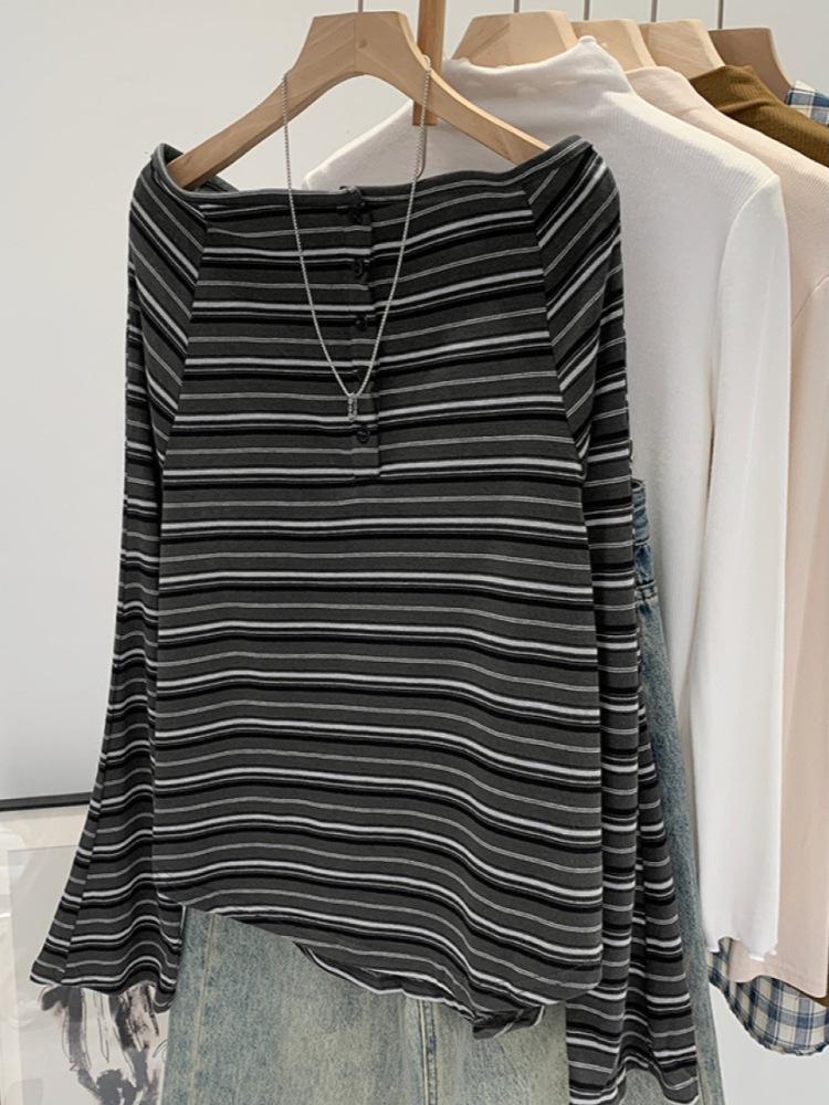 Autumn 2025 New Arrival: Women's High-End Korean Style Striped One-Shoulder Long-Sleeved T-Shirt