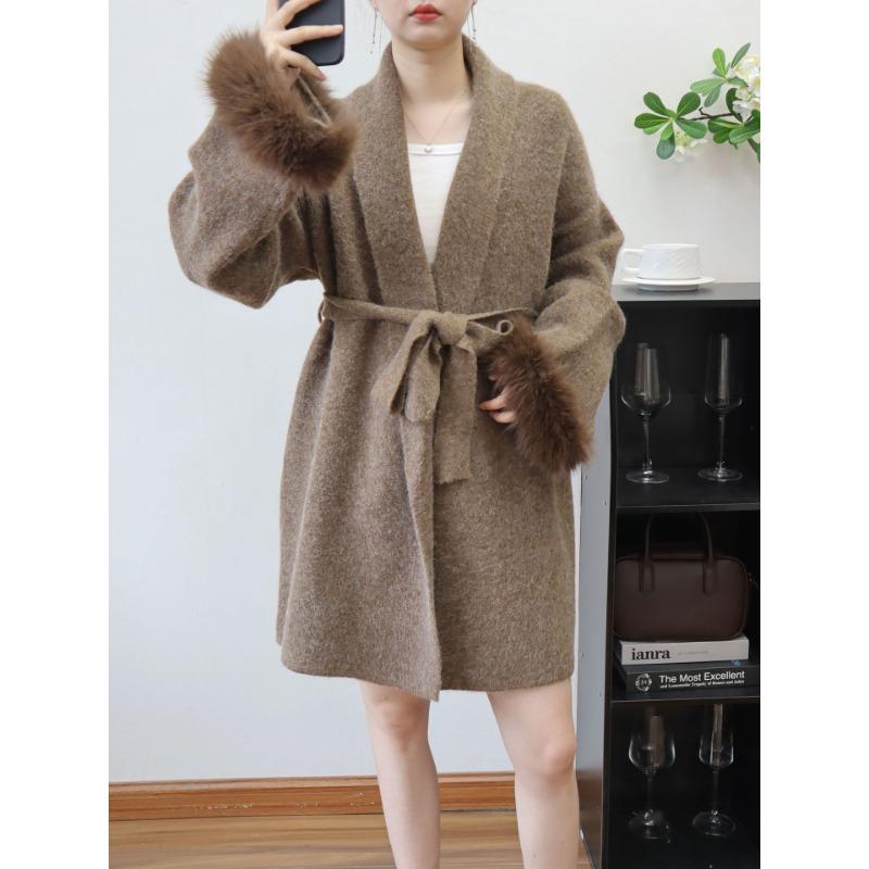 Thickened splicing wool sleeve lace-up knitted cardigan autumn and winter new temperament high-end sweater jacket women