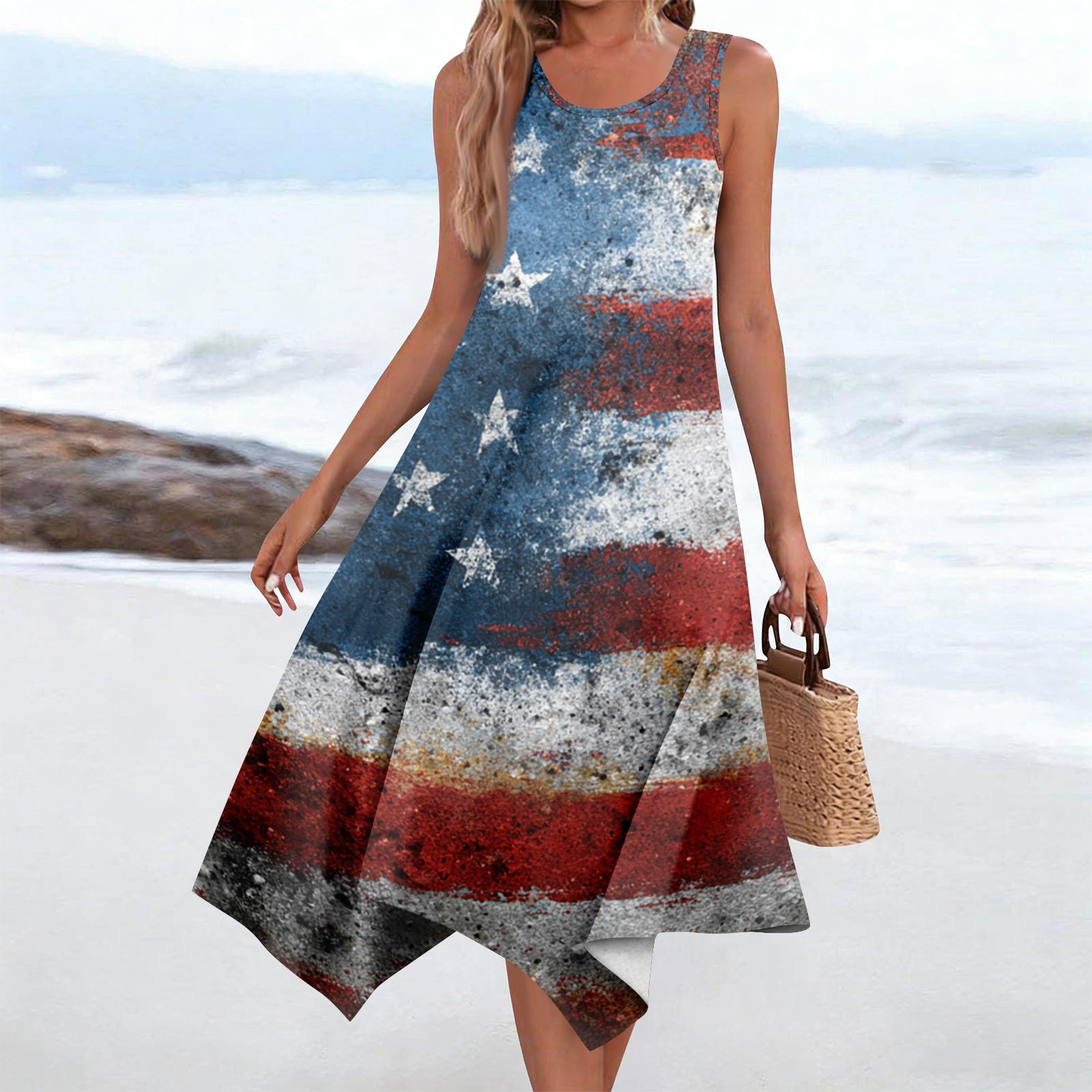 

Жіноча повсякденна модна сукня середньої довжини з круглим вирізом і квітковим принтом без рукавів із нерівним подолом XL