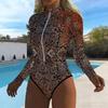 Women Long Sleeve One Piece Swimsuit Zip Front  Geometric Color Collision  Print Rash Guard Surfing Bathing Suit