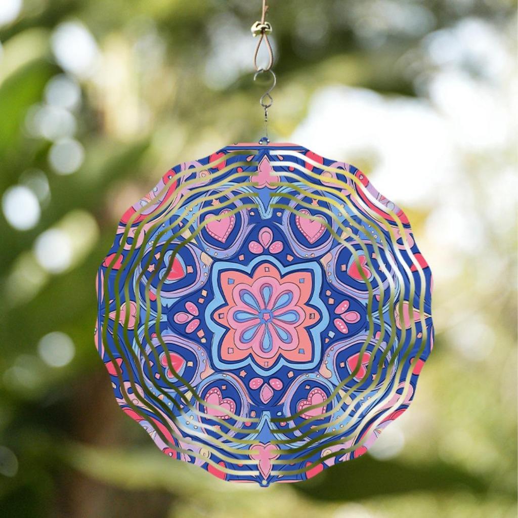 Blue & Pink Heart Mandala Wind Chime - Vibrant Metal Garden Decoration with 360° Hook, Ideal for Spring & Summer, Perfect Gift for Friends and Family