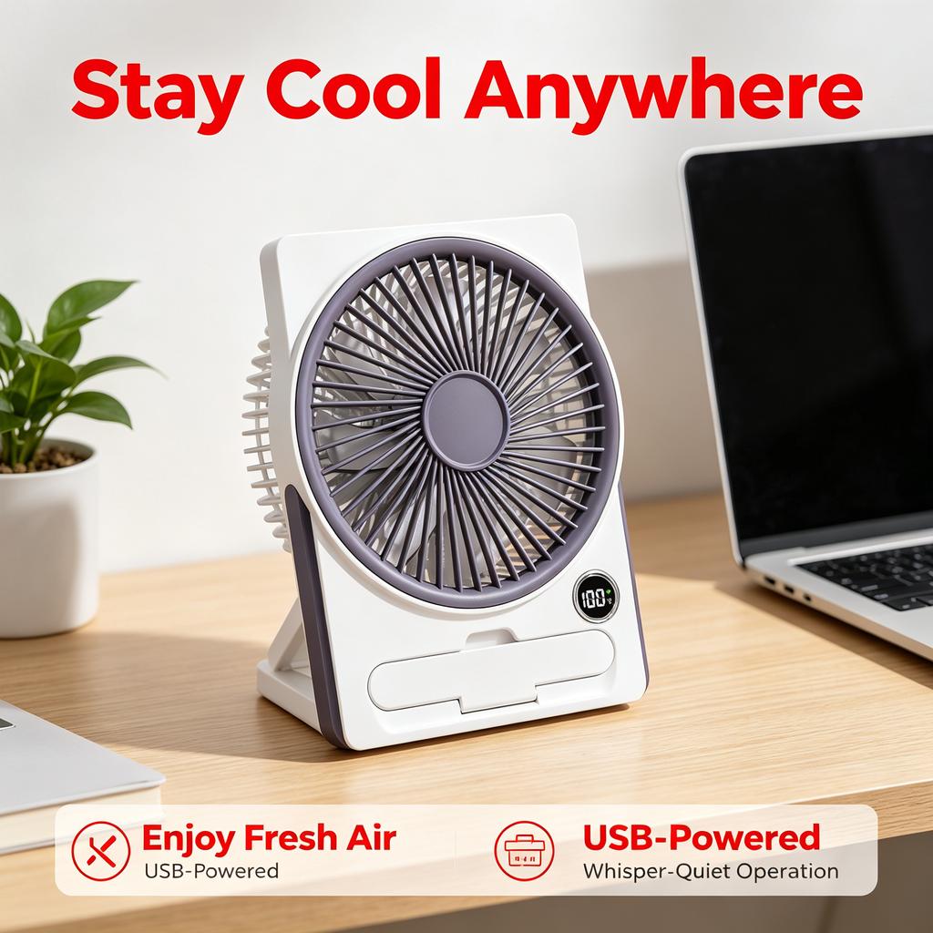 Ventilador de escritorio portátil USB silencioso con pantalla digital para oficina y hogar