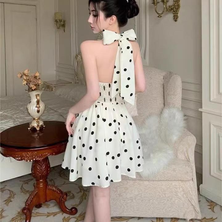 Sweet Polka Dot Bow Tie Halter Backless A-line Mini Dress - Summer Spicy Waist-Cinching Slim Fit