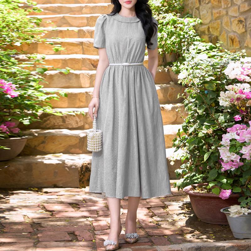 

ZANZEA Женское летнее повседневное платье в полоску с круглым вырезом и короткими рукавами M серый