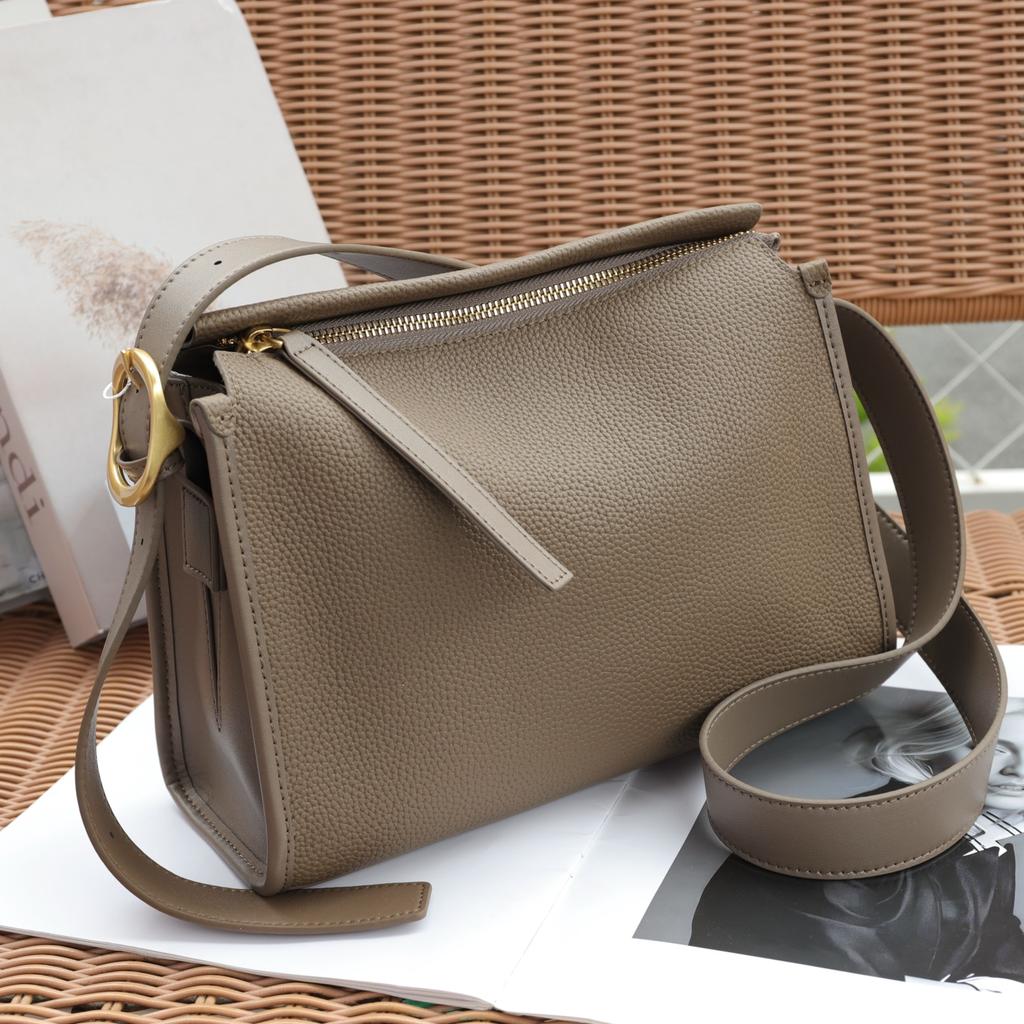Genuine Leather Women's Shoulder Crossbody Black Bags Luxury Designer Cowhide Wide Shoulder Straps Gray Pillow Bag Ebony Gray