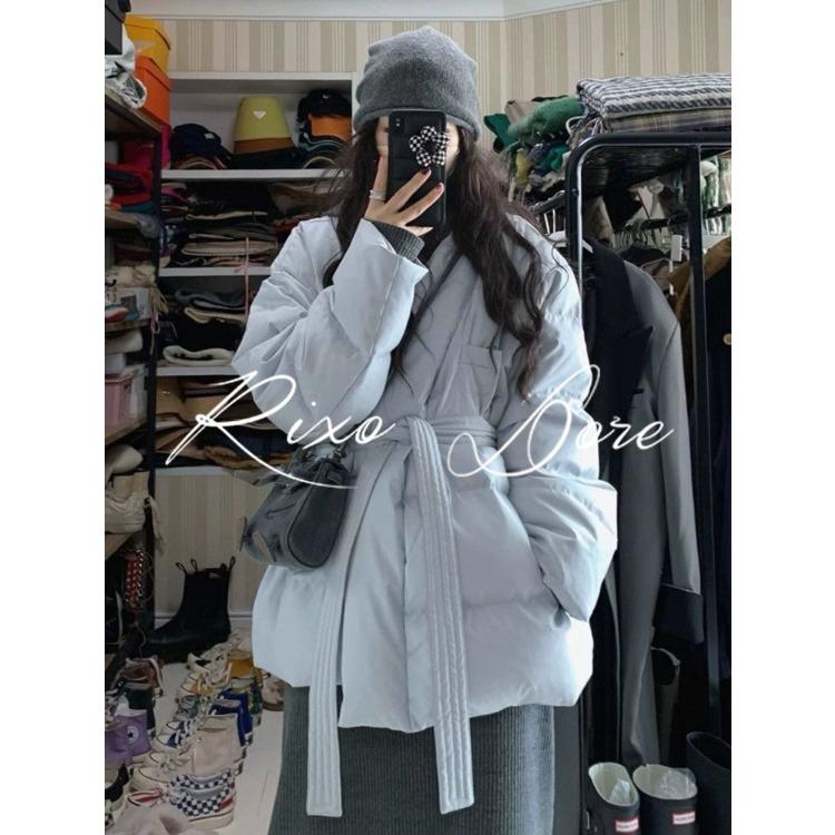 Blue Vintage Cotton Coat for Women with Belt Stylish Winter Jacket Warm and Comfortable Fashion Outerwear