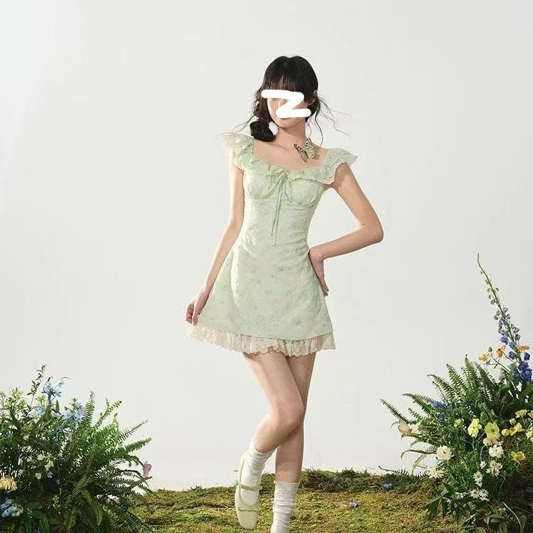 Women's Summer Sweet Puff Sleeve Off-Shoulder Top & Skirt Casual Beach Dress