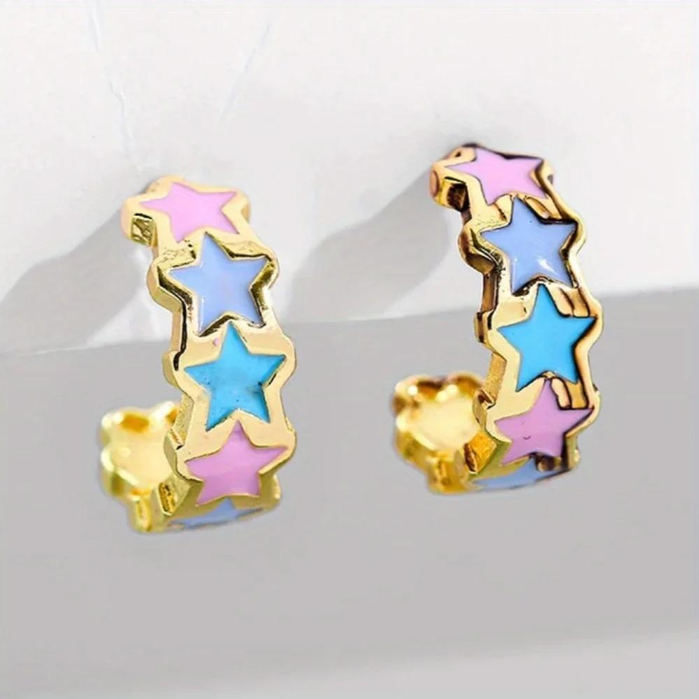 Exquisite Colored Star Pattern C-shape Golden Plated Stud Earrings for Women Vintage Daily Versatile Jewelry Accessories