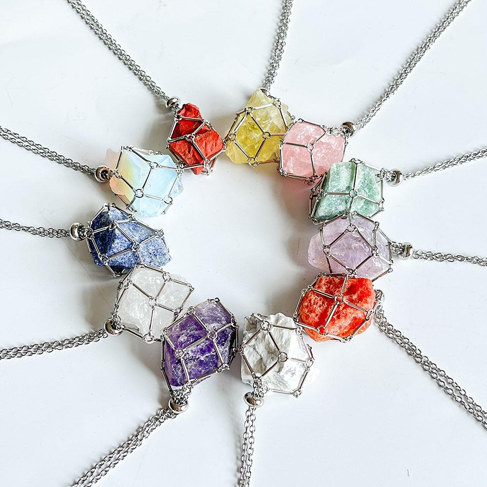 Raw Crystal Holder Necklace Cage for Stones DIY Adjustable Natural Gemstone Pendant Necklace Jewelry Colorful 2-4cm