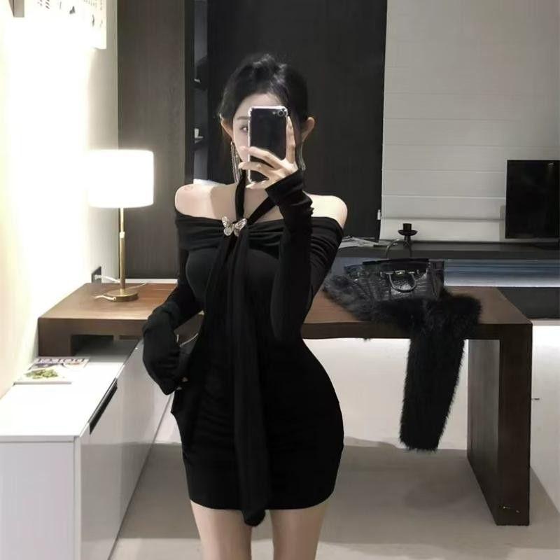

One-word shoulder purple neck hanging long-sleeved dress women s autumn slim-fitting waist skirt pure desire wind tight hip-wrapped short skirt S