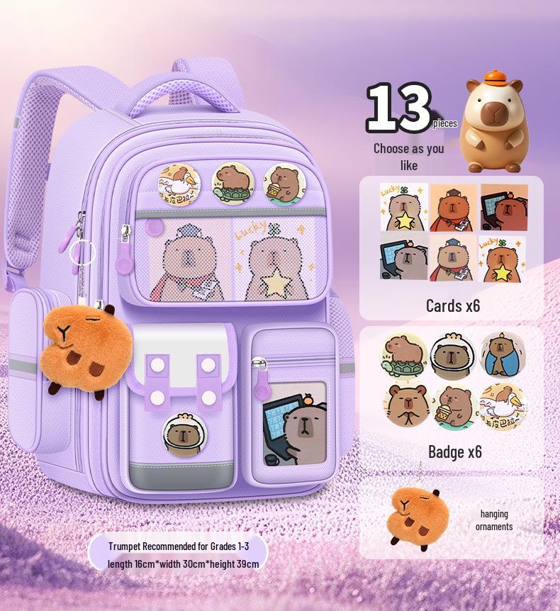 Zaino Capibara per Ragazzi e Ragazze, Classi 1-6: Resistente, Resistente allo Sporco, Carino, con Protezione per la Colonna Vertebrale e Riduzione del Carico