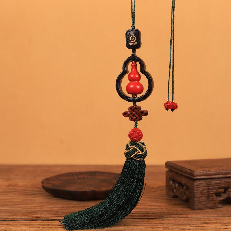 Chinese Red Cinnabar Gourd Car Pendant: Men's Blessing and Peace Charm, Compact and View-Friendly.