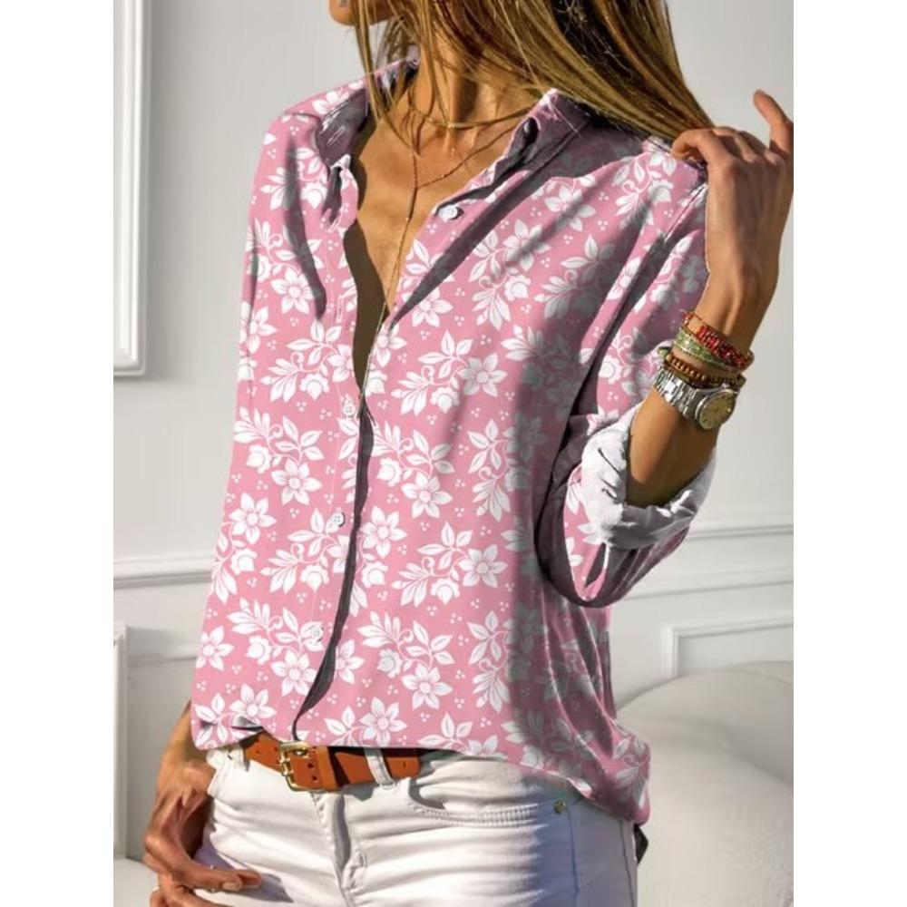 Blumenmuster Damenbluse Frühling Herbst Femme Büro Dame Knopfleiste Umlegekragen Hemden