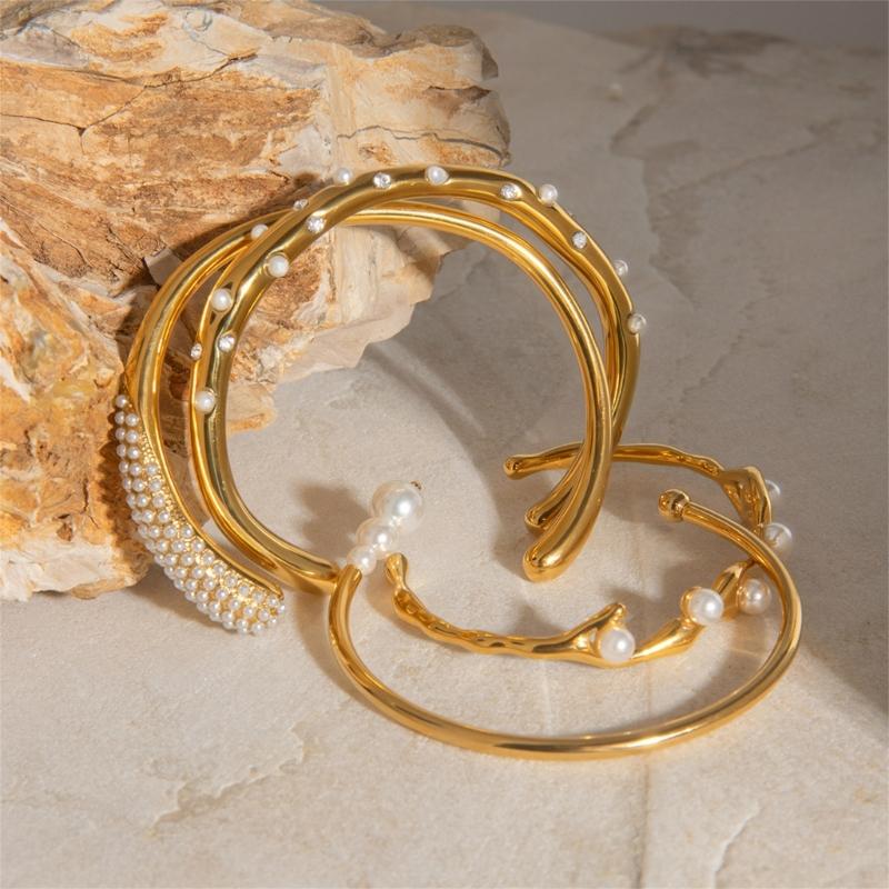 Minimalists Pearls Accent Stainless Steel Adjustable Bangle for Everyday or Evening Wear