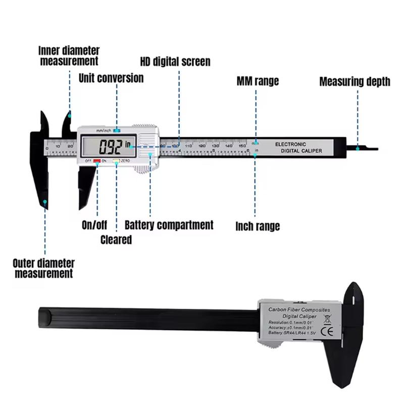 Plastic calipers, digital display calipers. Measurement and design tools, home tools. Battery-powered (battery not included