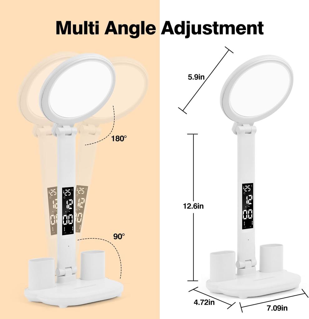 Rechargeable Table Lamp for Study, Desk Lamp Reading Light Led Table Light with Fan, Led Clock Dispaly Reading Lamp