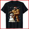 Bigfoot Santa Snowman Xmas Christmas Graphic Black Cotton T-Shirt S-5XL
