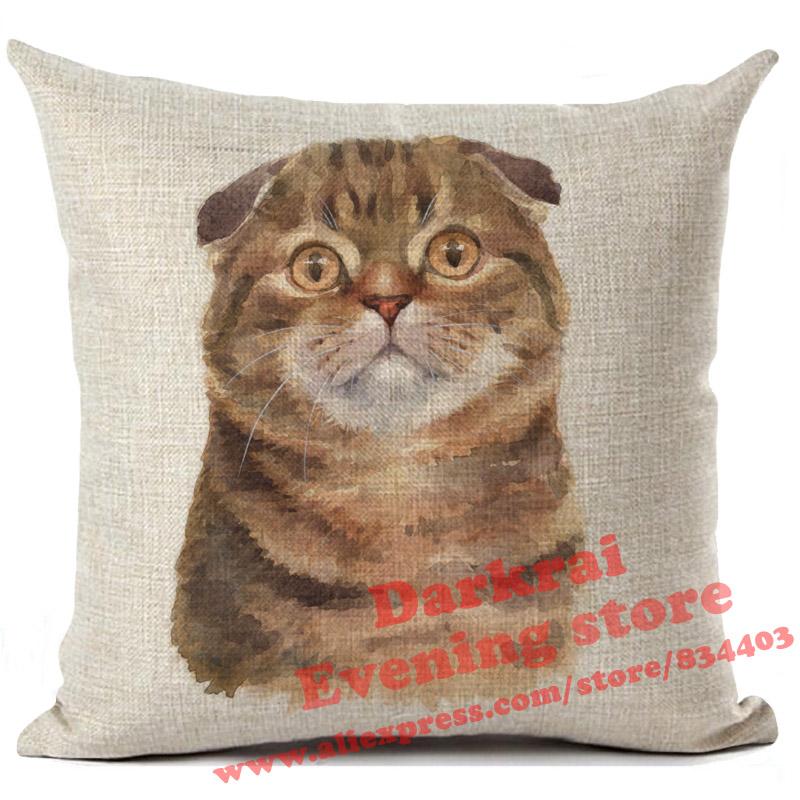 Cushion Cover Watercolor Cute Cat Printed Linen Pillow Cover Car Sofa Decorative Throw Pillows Home Decoration Pillowcase