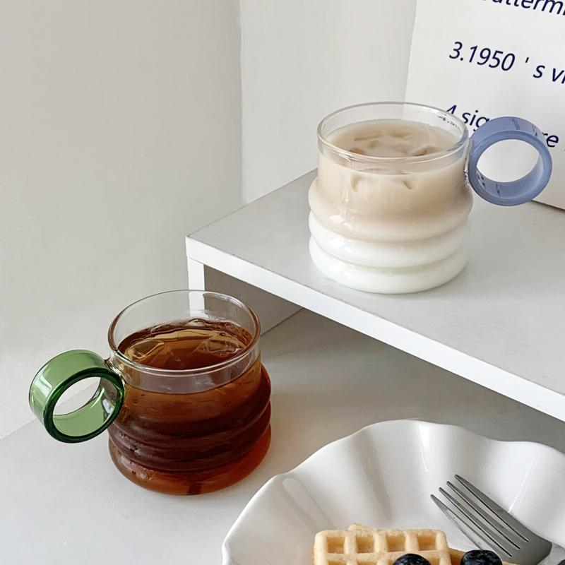 Korean-style Ins Glass Coffee Cup Ring Handle Drink Milk Cup Household Transparent Simple Glass Breakfast Cup