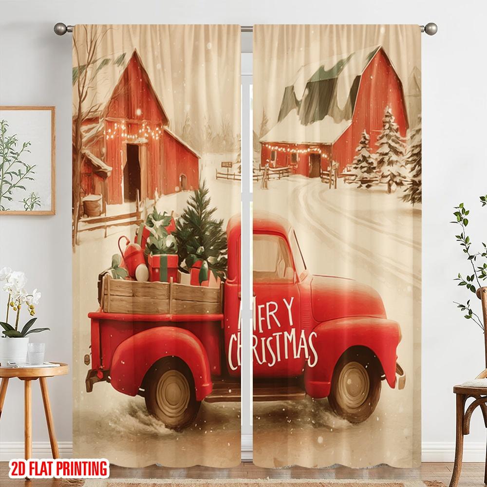 2pcs,2D plane printing Pattern Curtains Santa Red Truck Durable Polyester (without rod) Holiday Perfect for Living Room, Office,