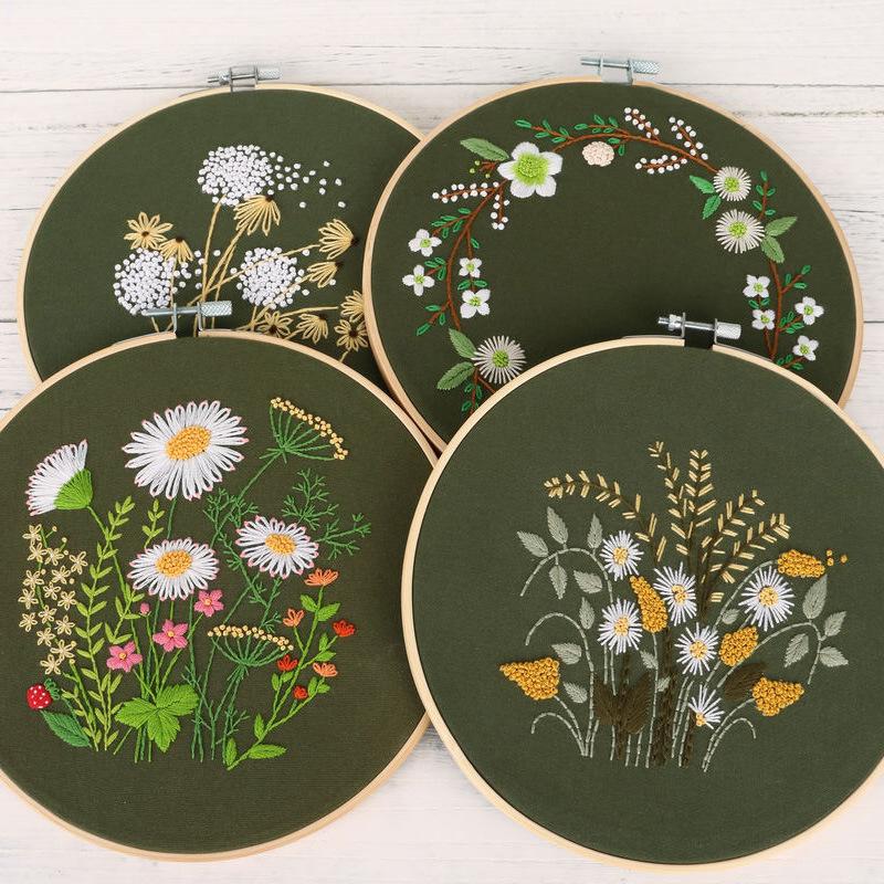 Green Chrysanthemum Dandelion Green Daisy Wreath Diy Handmade Embroidery Material Pack Cotton Cloth