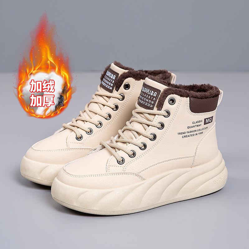 2025 New Winter Velvet Thickened Cotton Shoes High-top Warm Versatile Dad Shoes Non-slip and Wear-resistant Women's White Shoes