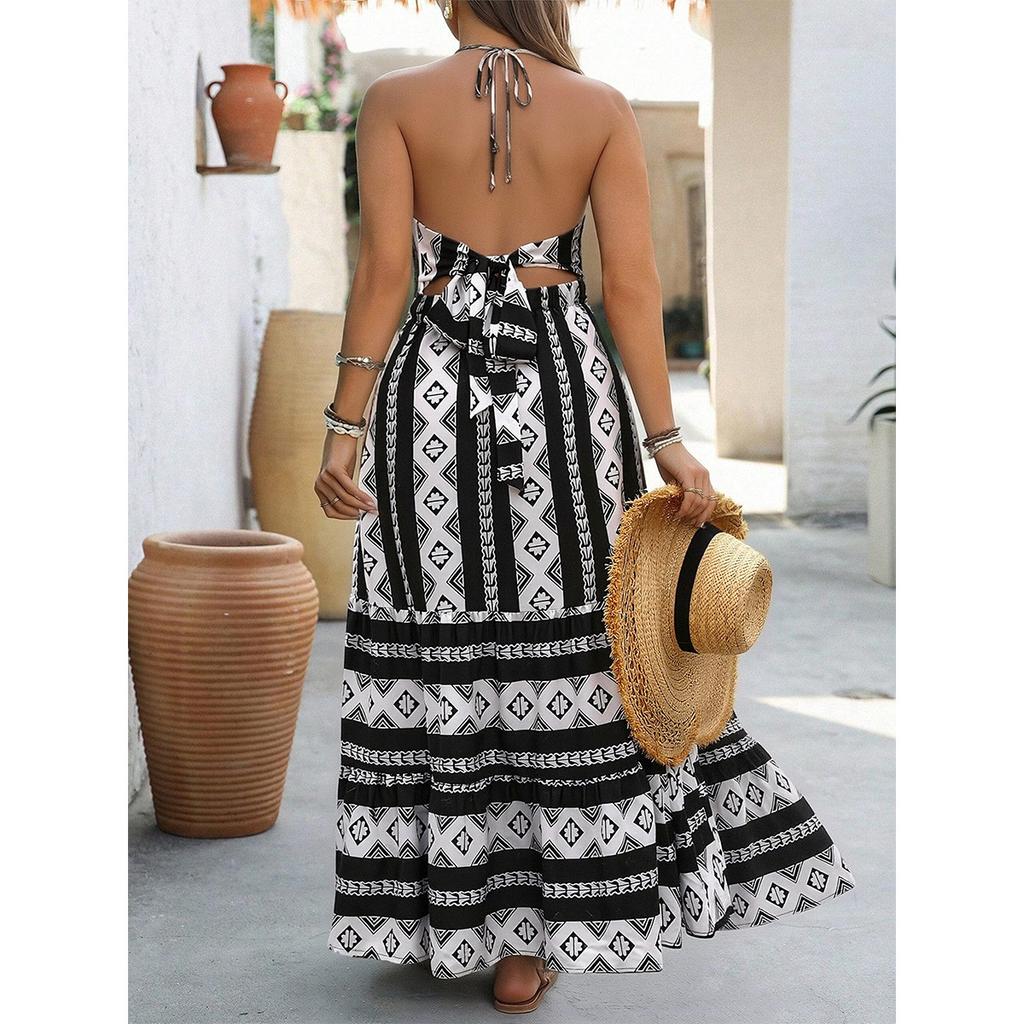 Halter Sleeveless Printed Dress Vacation Style Large Backless Sexy Long Dress For Women Elegant Fashion Comfortable Dress