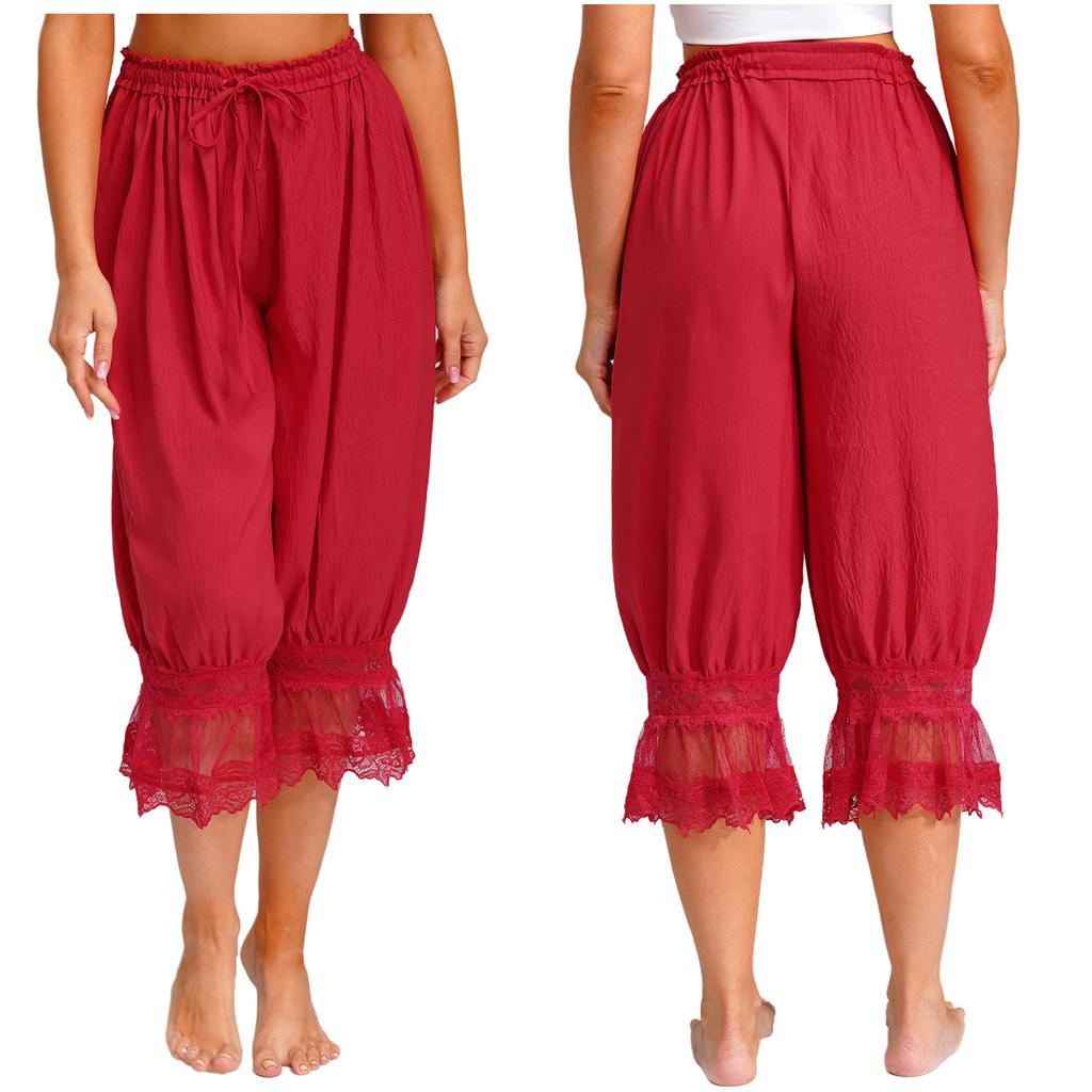 S-L Women's Lace Trim Bloomers: Versatile Midi Harem Pants with Drawstring, Loose Wear & Medieval Pirate Costume