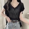 V-neck Hollow Out Knit T-shirt Oversized Beach Crochet Sweater Vest Leisure   Streetwear