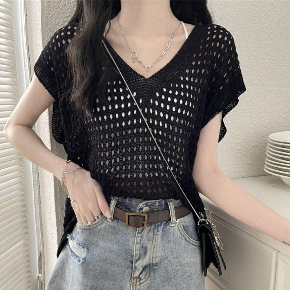 V-neck Hollow Out Knit T-shirt Oversized Beach Crochet Sweater Vest Leisure   Streetwear