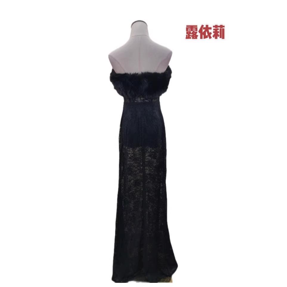 European and American new temperament lace splicing fluffy fishtail long party dress dress