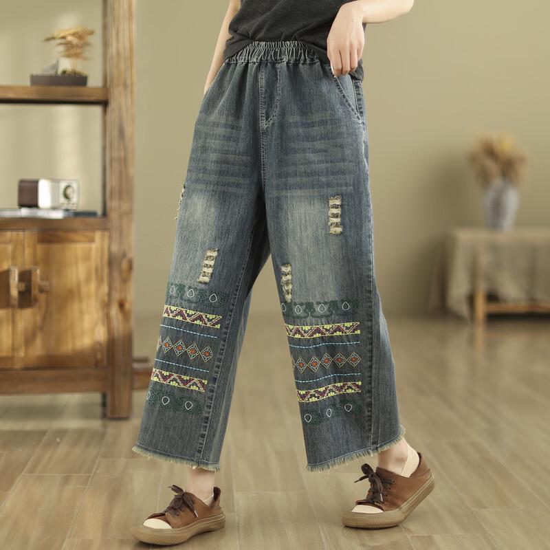 LANGSHA Jeans Corti da Donna Etnici Ricamati e Usurati