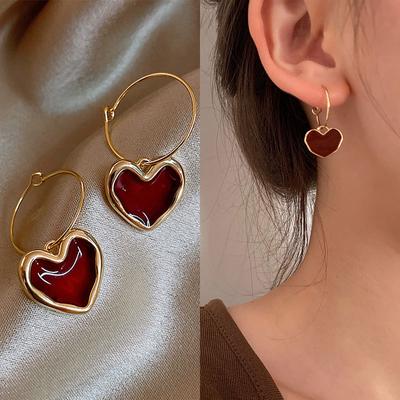 Trendy Rot Emaille Liebe Herz Ohrringe Für Frauen Mädchen Kreis Metall Liebe Herz Hängen Baumeln Ohrringe Vintage-Schmuck