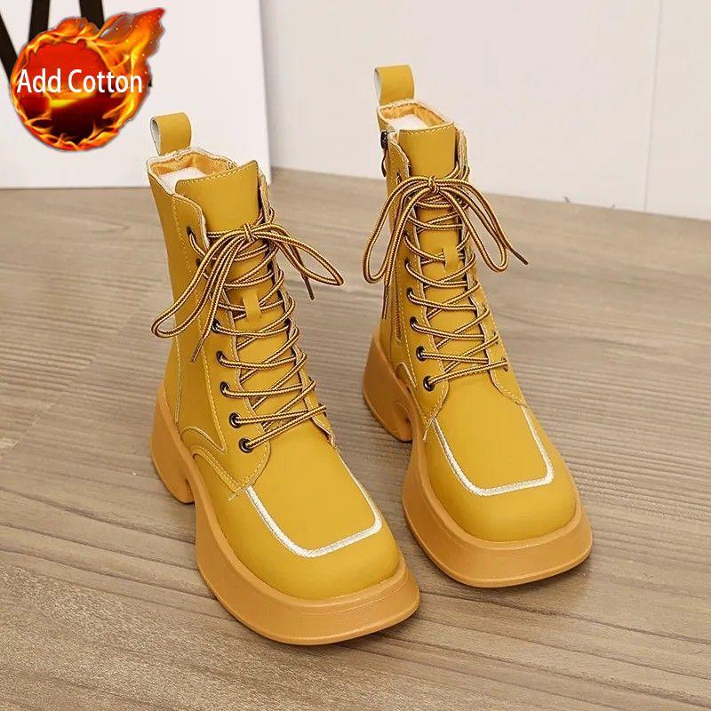 

Модные ботильоны теплые на шнуровке флисовая подкладка ботильоны для женщин панк стиль кожа в наличии мода 2025 обувь женская короткая обувь 40