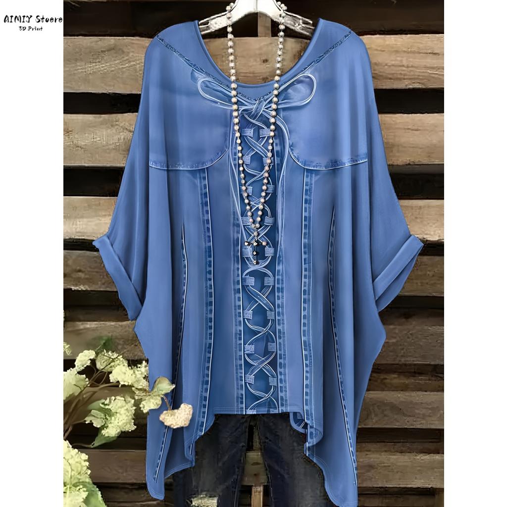 Imitation Denim All-Over Print T-Shirt | Casual Round Neck Short Sleeve Top with Frayed Hem Crisscross Back Detail Washable
