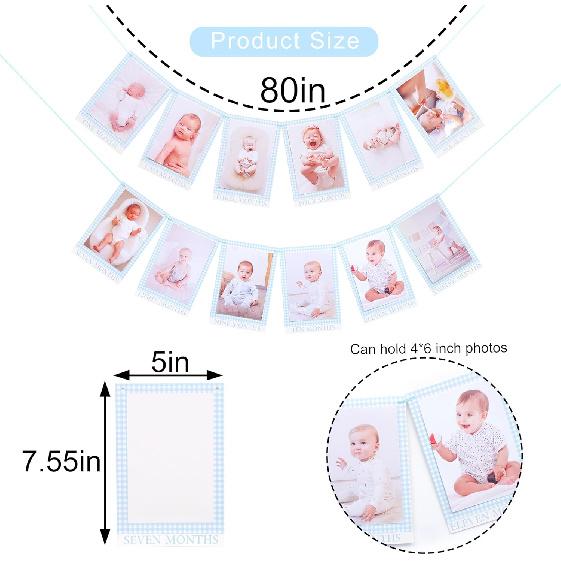 Newborn 1 To 12 Months Milestone Decorations - Simple Blue Monthly Banner, First Year Photos Hanging Banner, Boys One Birthday Decor (BLUE)