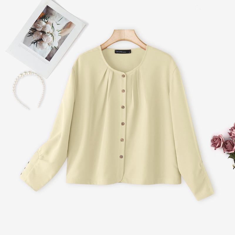 ZANZEA Blusa Casual da Donna a Girocollo a Maniche Lunghe e Ampia a Tinta Unita