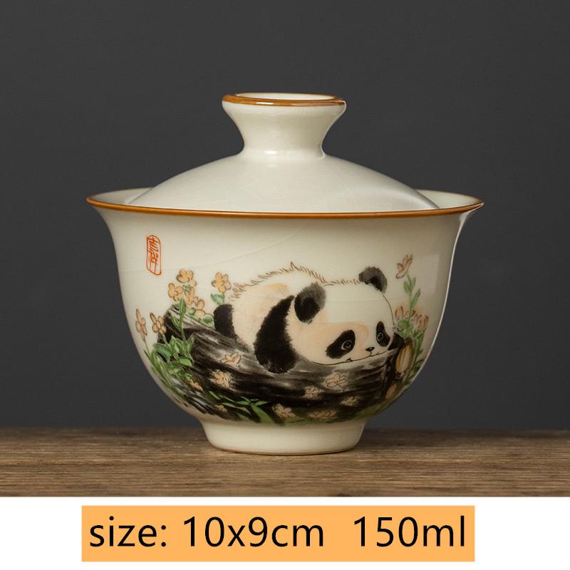 Chines Hand-painted Panda Ceramic Gaiwan Ru Kiln Teacup Handmade Beauty Tea Infuser Household Travel Tea Bowl Portable Teaware