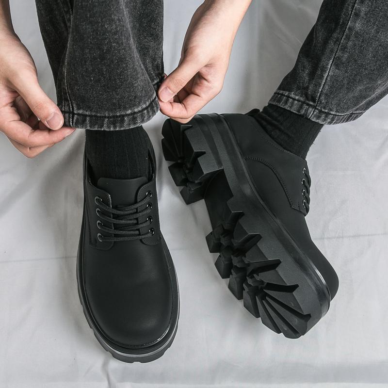 Thick soled men's shoes Casual lace up design style Office or leisure party Black outdoor shoes plus size Youth shoes lace-up