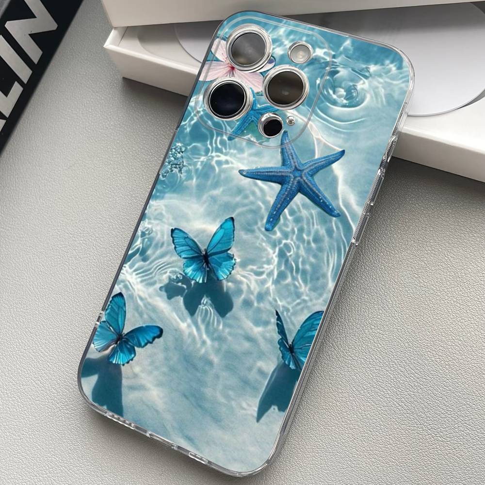 Blue Butterfly Ocean Waves Phone Case For iPhone 17 15 14 13 11 12 16 Pro Max Plus Mini Transparent Silicone Soft Funda