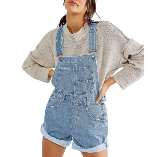 Women Suspender Jeans Denim Shorts Square Neck V-shaped Back Loose Pockets Adjustable Shoulder